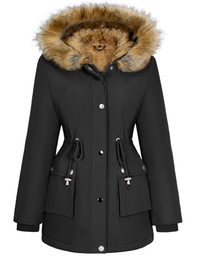 HEEKPEK Women Winter Coats Fleece Lined Parka Jackets Hooded Warm Thicken Coat With Pockets and Fur Hood Trendy Overcoat (Black,S) | Amazon (US)