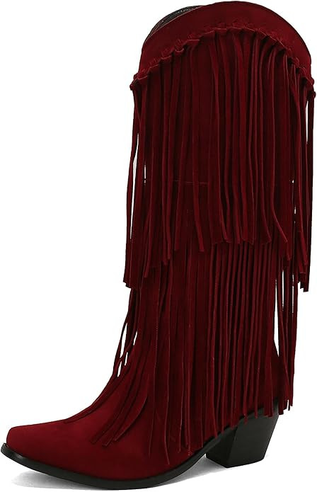 Betastella Women's Fringe Tassel Knee High Cowgirl Boots Vintage Chunky Heel Cowboy Boots Square ... | Amazon (US)