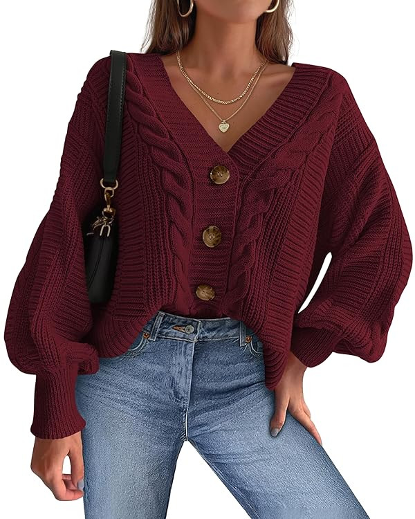 dowerme Cardigan Sweaters for Women Fall Fashion 2025 V Neck Long Sleeve Chunky Cable Knit Sweate... | Amazon (US)
