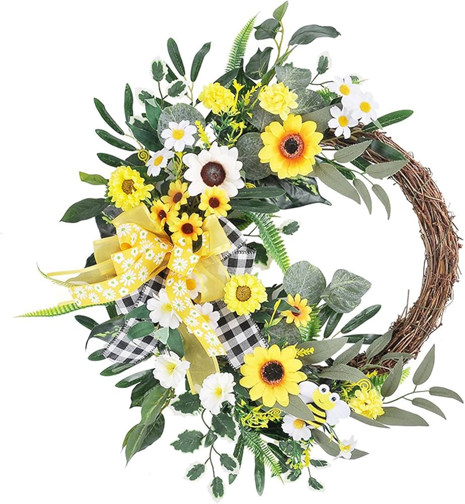 WYSRJ 20Inch Sunflower Wreath for Front Door, Yellow Decorative Floral Door Wreath with Daisy, Gr... | Amazon (US)