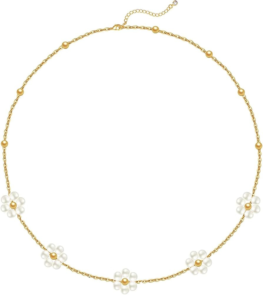 OGD Gold Pearl Necklaces Set for Women 14K Gold Plated Dainty Layered Pearl Cute Daisy Pearl Chok... | Amazon (US)