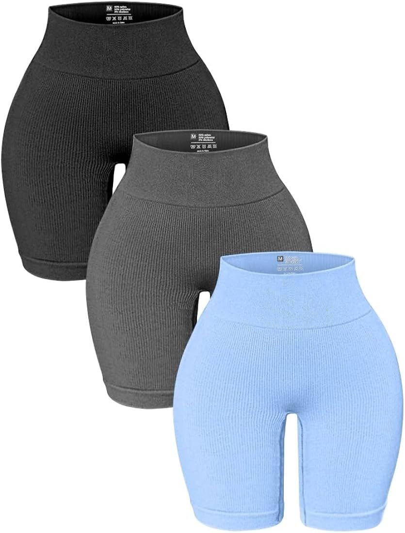 OQQ 3 Pack High Waisted Yoga Shorts for Women Ribbed Seamless Tummy Control Workout Athletic Shor... | Amazon (US)