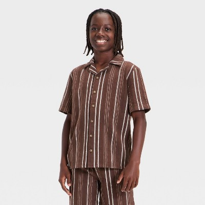 Boys' Short Sleeve Striped Woven Button-Up Shirt - art class™ Brown S | Target