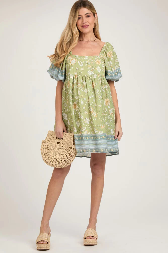 Light Green Floral Puff Sleeve Maternity Dress | PinkBlush Maternity
