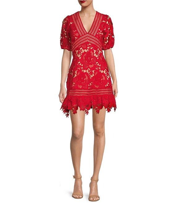 Adelyn Rae V-Neck 3D Floral Lace Short Sleeve Sheath Tonal Trim Scallop Hem Dress | Dillard's | Dillard's