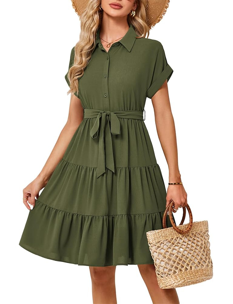 JASAMBAC Women's Button Down Shirt Dress 2025 Casual Work Summer Collared V Neck Elastic Waist Fl... | Amazon (US)