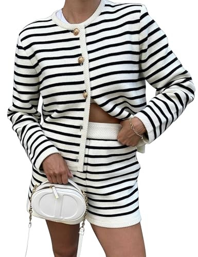 ICOBID Womens Striped 2 Piece Outfits Long Sleeve Crew Neck Button Lounge Short Set Casual Knit Sweater High Waist Shorts White | Amazon (US)