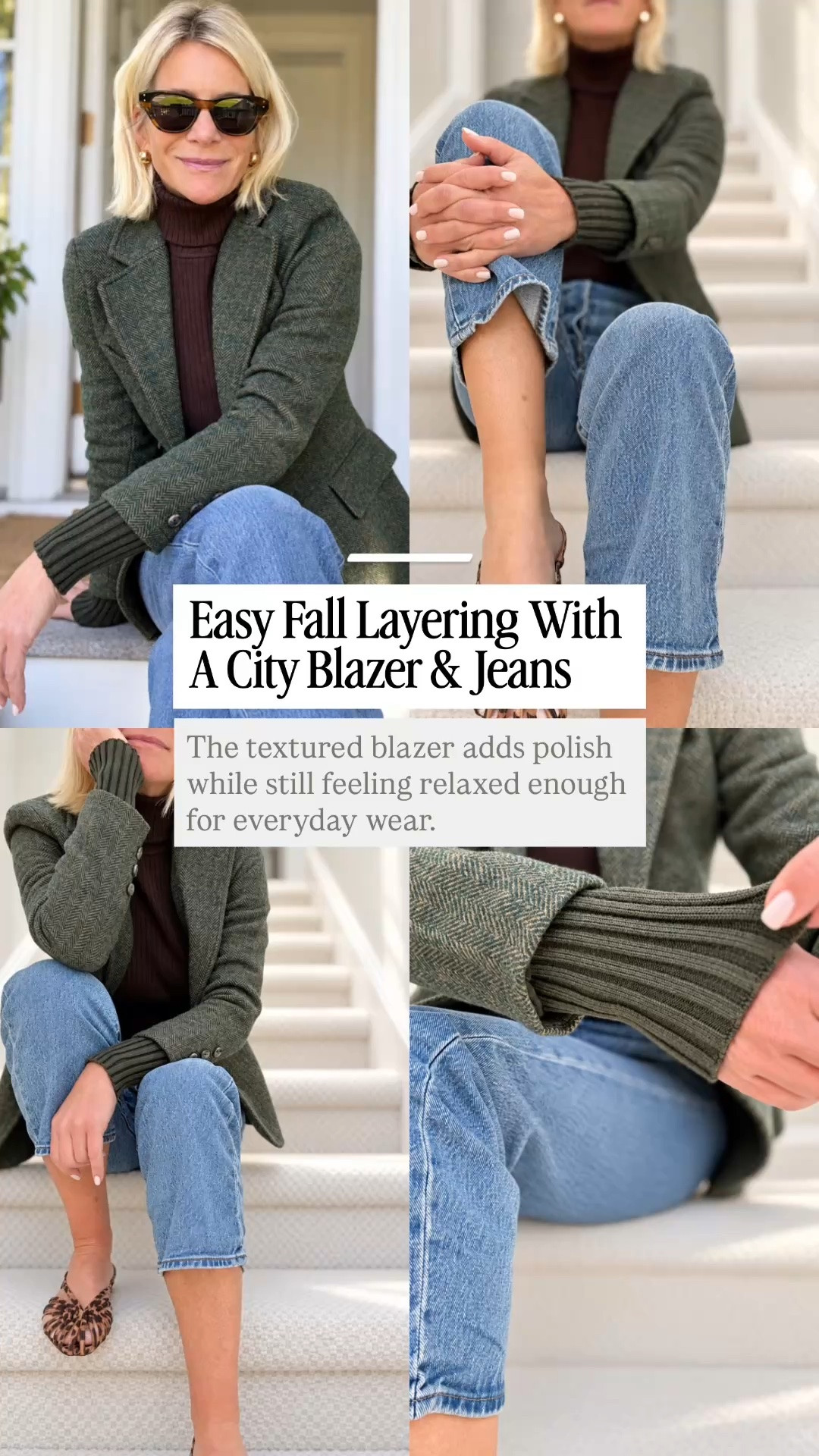 This green textured city blazer is such a beautiful fall layer. I love the slightly relaxed shape and the way it instantly makes jeans feel more polished, without feeling too dressed up. 🤎

👩‍💻 LTK PRO TIPS
❤️ Heart = Support my posts ;-)
🔖 Save = Get sale & restock alerts for the things you love!
📋 Lists = Keep favorites organized (List ideas: Christmas, Birthdays, and Vacations!)
📲 Share = Send lists and products to a friend (or your daughters like me).
💬 Comment = Ask me anything, and I’ll answer. ;-)

#LTKootd #LTKSeasonal #LTKOver40