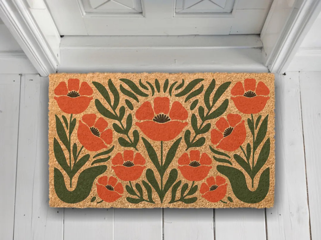 Retro Poppy Coir Doormat: Boho Floral Welcome Mat - Etsy | Etsy (US)
