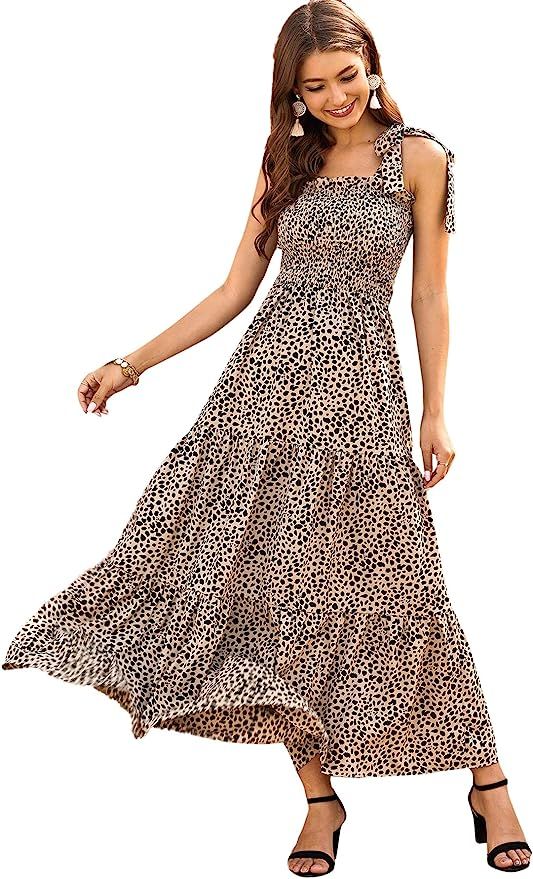 Floerns Women's Leopard Print Tie Strap Summer Cami Maxi Dress | Amazon (US)