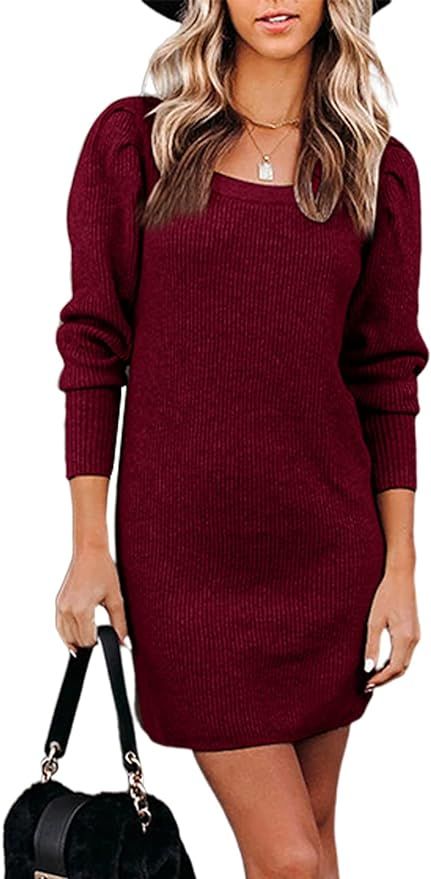 PRETTYGARDEN Women's Puffy Long Sleeve Fall Dress Pullover Knit Sweater Dress Square Neck Ribbed ... | Amazon (US)