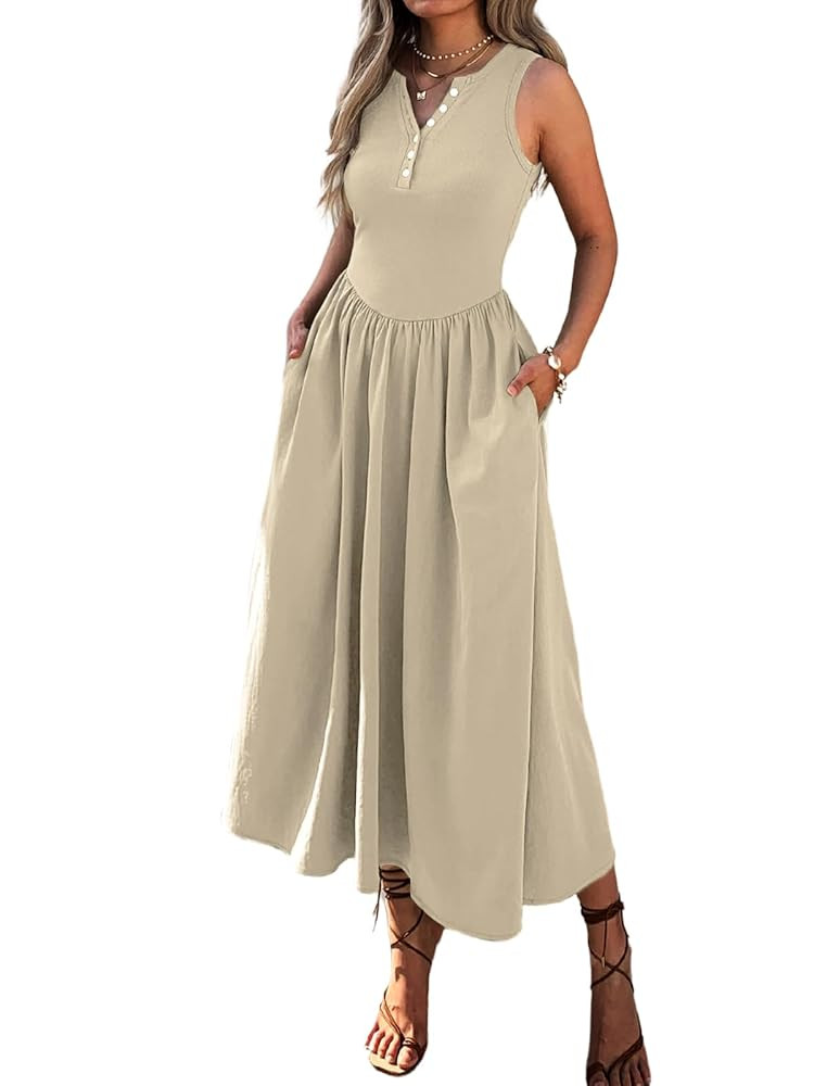 Women's Summer Casual Dresses Sleeveless Knitted V Neck Sundress Drop Waist A Line Long Maxi Dres... | Amazon (US)