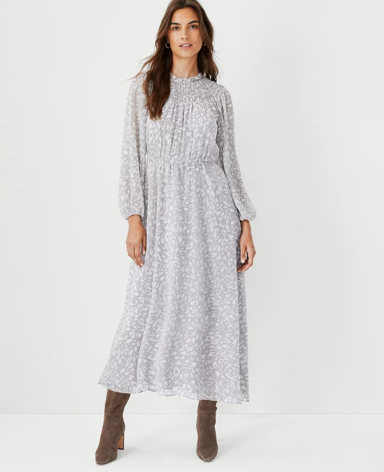 Animal Print Smocked Midi Flare Dress | Ann Taylor (US)