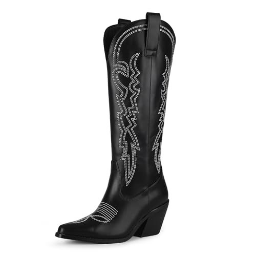 IDIFU Black Cowboy Boots for Women Cowgirl Knee High Western Embroidered Booties Side Zipper Low Block Chunky Heel Pull on Pointed Toe Tall Booties Cute Wedding Bride Dress Long Boots(Black Pu, 11) | Amazon (US)