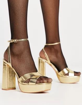 Schuh Skye platform heeled sandals in gold | ASOS (Global)