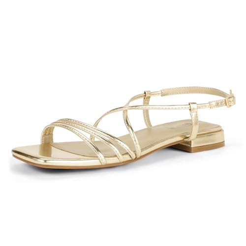 IDIFU Gold Strappy Flat Sandals for Women Dressy Comfortable Square Open Toe Summer Beach Sandal Wedding Bridal Bride Prom Ladies Dress Sandal Fashion Cute Casual Ankle Strap Sandals(Gold Pu, 5.5) | Amazon (US)