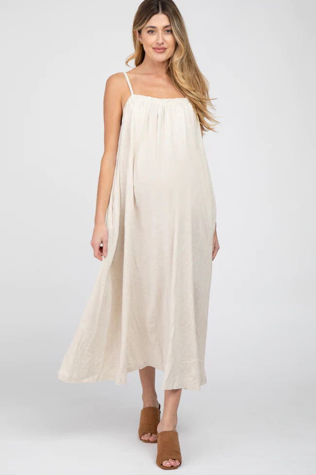 Beige Square Neck Linen Sleeveless Maternity Maxi Dress | PinkBlush Maternity