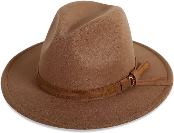 Verabella Women's Classic Wide Brim Fedora Hat Felt Panama Hat with Belt Buckle | Amazon (US)