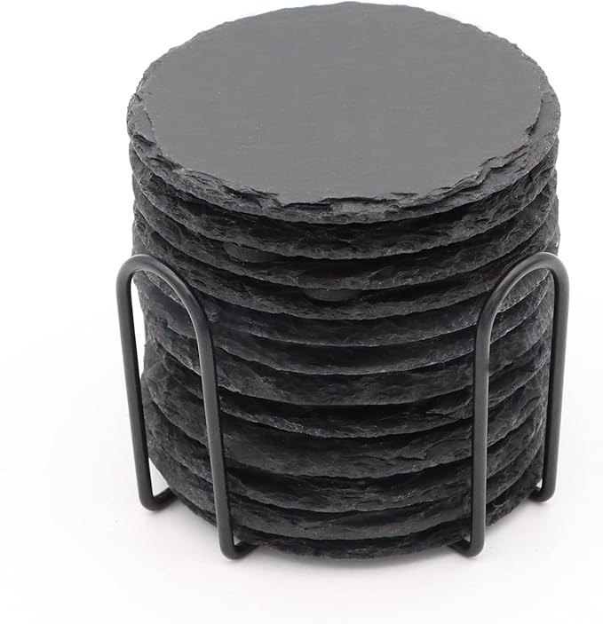 12 PCS Round Slate Drink Coasters Set, SIJDIEE 4 Inch Black Slate Stone Coasters with Anti-Scratc... | Amazon (US)