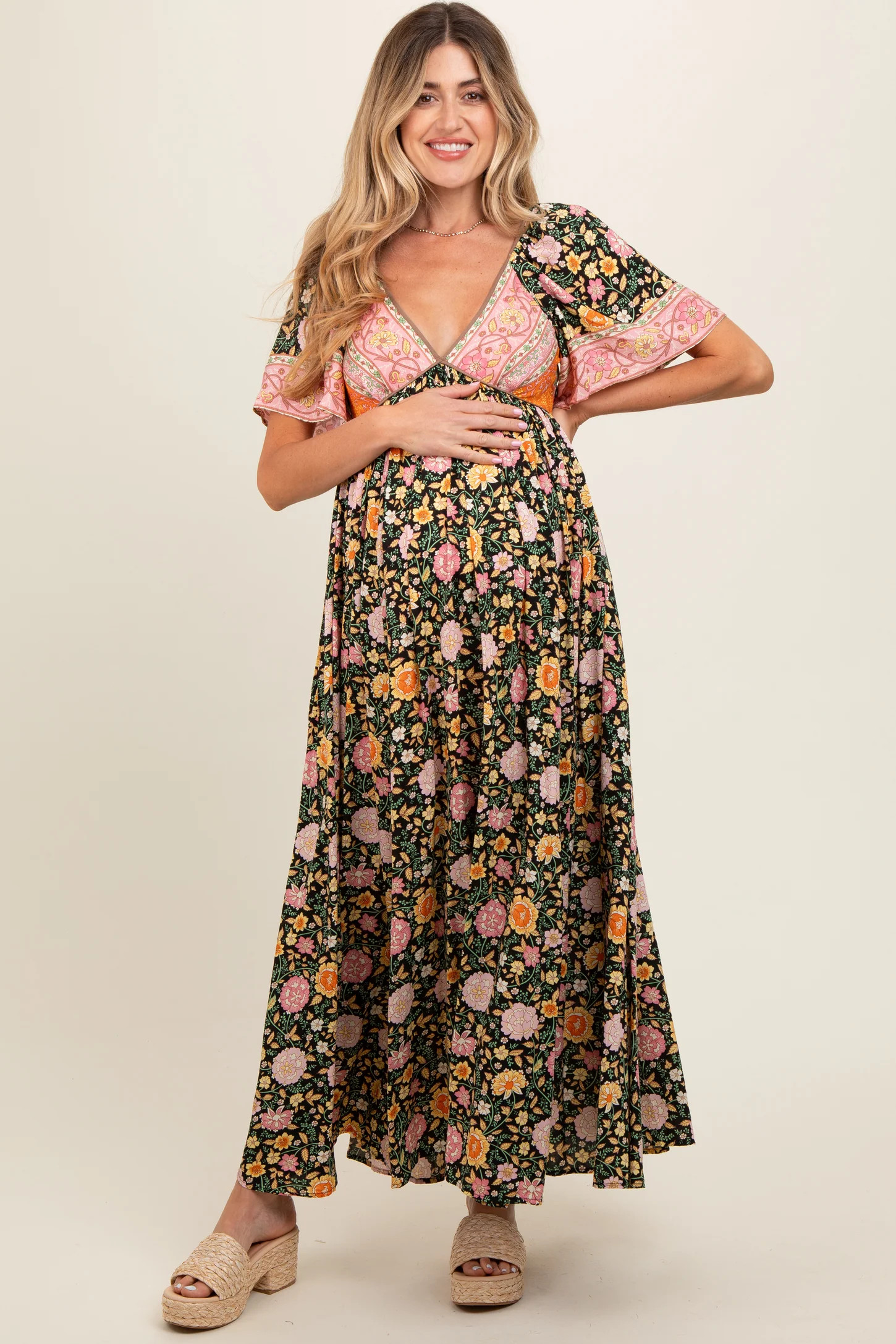 Black Floral V-Neck Short Flutter Sleeve Maternity Maxi Dress | PinkBlush Maternity