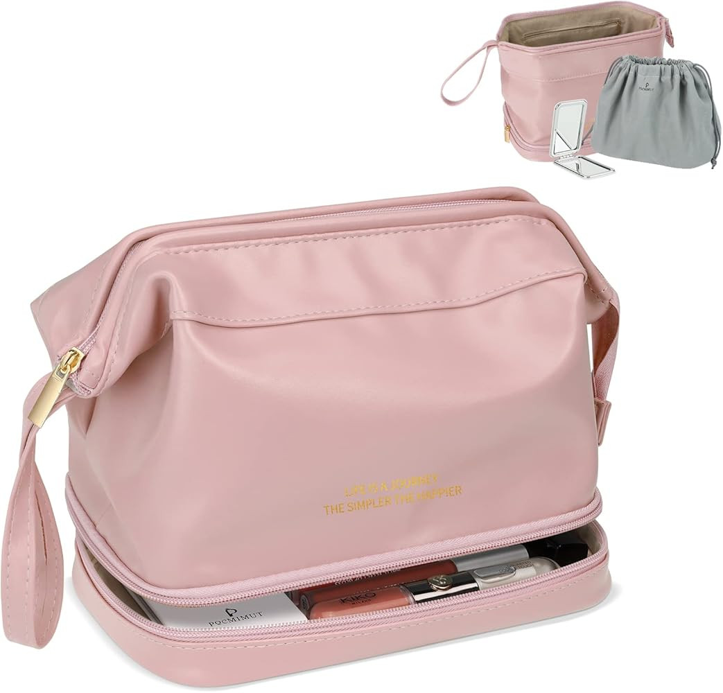 Pocmimut Leather Makeup Bag,Makeup Bag Cosmetic Bag for Women 2-in-1 Portable Drawstring Travel M... | Amazon (US)