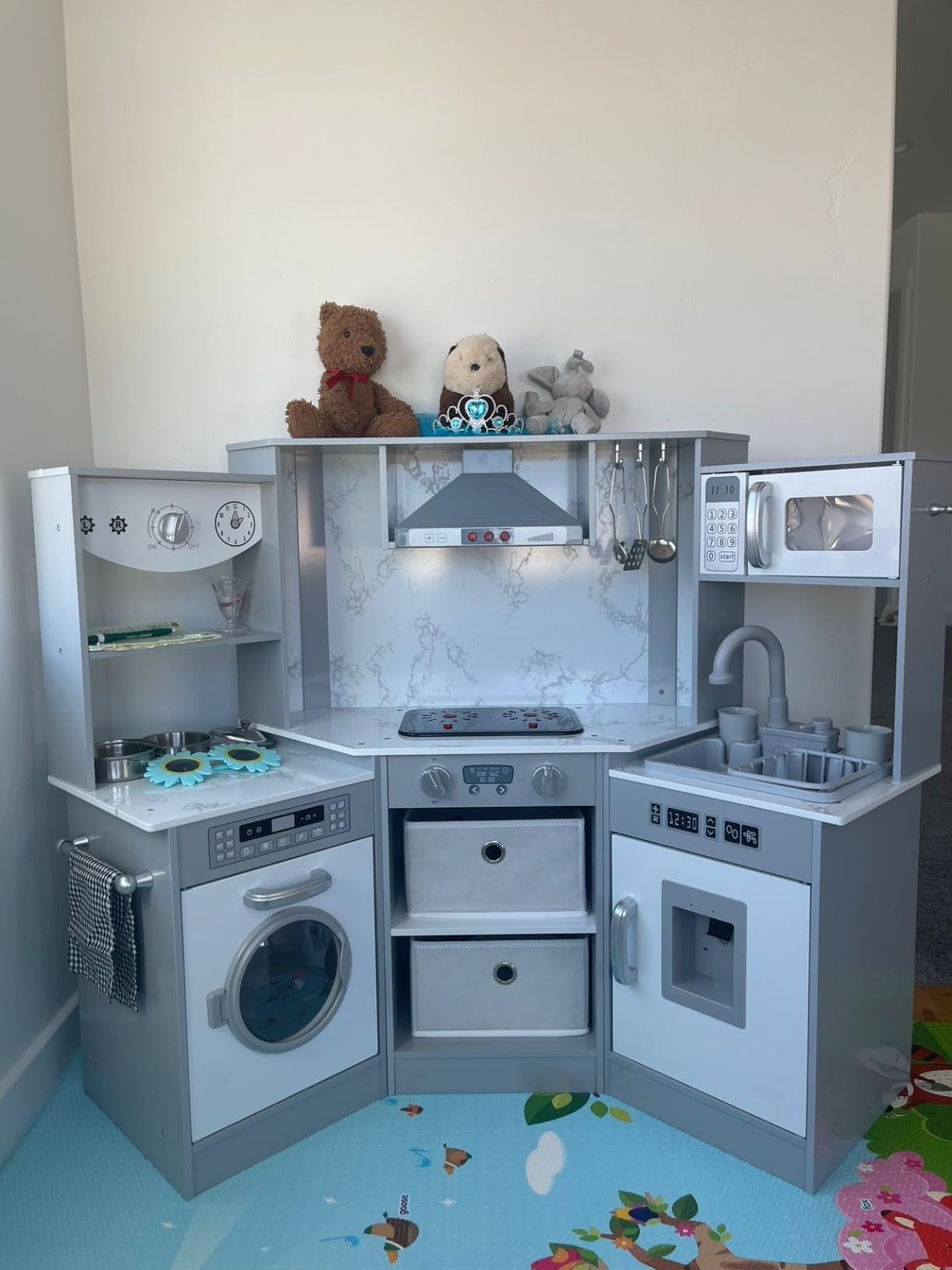 Costzon Corner Play Kitchen, Wooden Toddler Kitchen Playset with Lights and Sounds, Water Circulation System, Washing Machine, Toy Kitchen with Accessories, Kids Kitchen Playset (Grey) | Amazon (US)