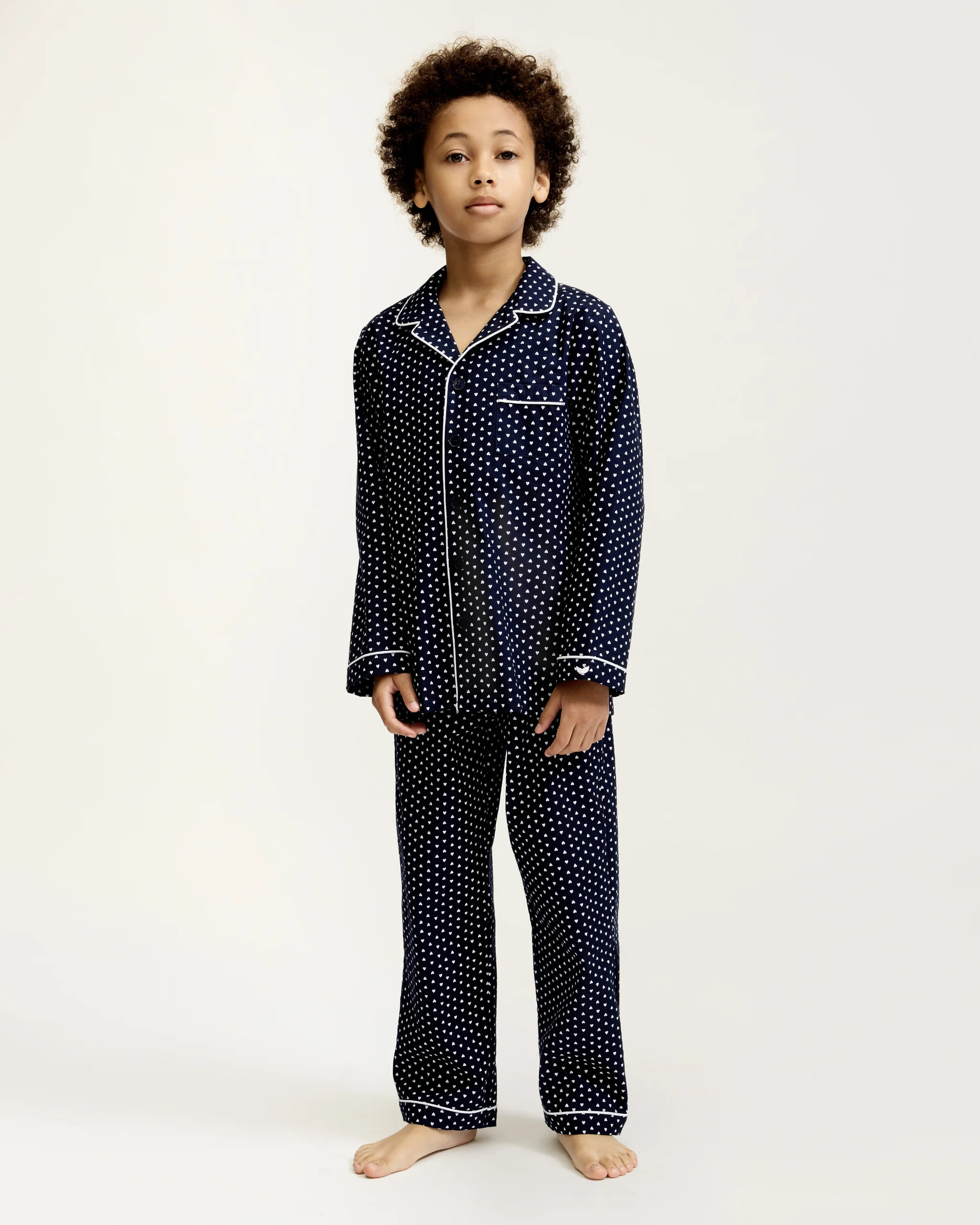Kid's Twill Pajama Set in Midnight Hearts | Petite Plume