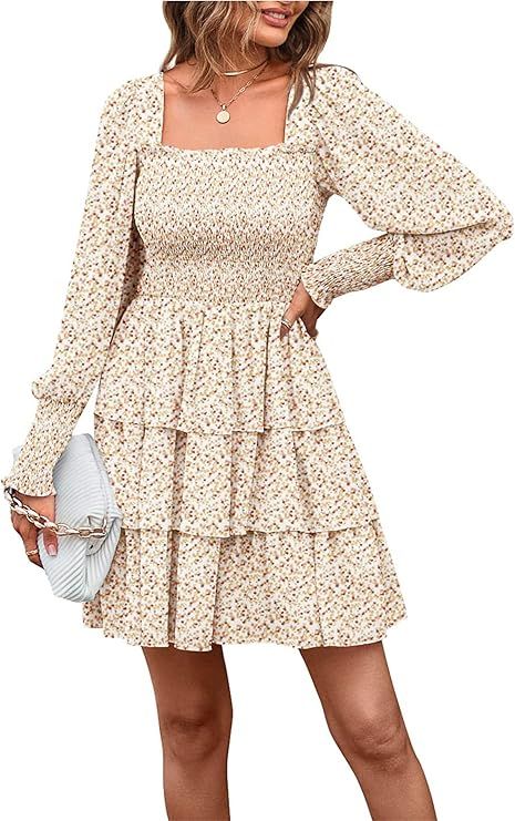 KIRUNDO Women's Square Neck Floral Print Tiered Ruffle Mini Long Sleeve Tie Back Smocked Dress | Amazon (US)