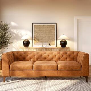 Essex 89 in. Square Arm 3-Seater Sofa in Cognac Tan | The Home Depot