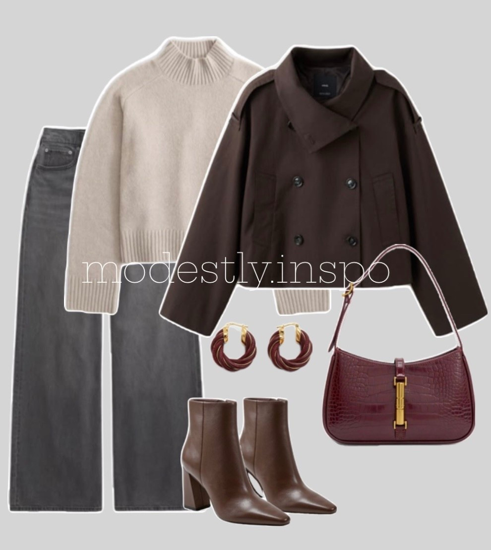Abercrombie wide leg jeans, brown cropped trench coat, brown jacket, turtleneck sweater, beige sweater, faded black jeans, brown boots, burgundy purse, hijabi, modest, chic, classy, fall, winter, cozy, comfy, elegant, affordable, mango jacket, Abercrombie sweater 

#LTKootd #LTKSaleAlert #LTKgrwm