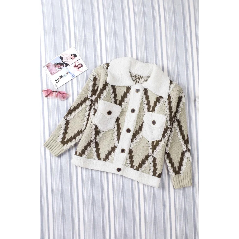 GCKG Women's Brown Diamond Pattern Knit Sherpa Splice Cardigan Sweater (US 8-10)M | Walmart (US)