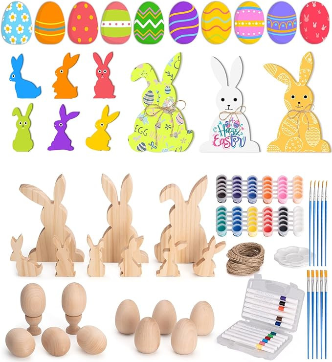 Pone pimiento 35Pcs Unfinished Wood Bunny Wood Eggs Set -Easter Crafts for Kids Bulk for Art Acti... | Amazon (US)