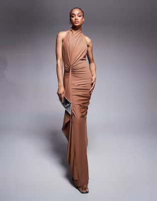 ASOS DESIGN Tall sculpting jersey high neck drape ruffle maxi dress in chocolate | ASOS | ASOS (Global)