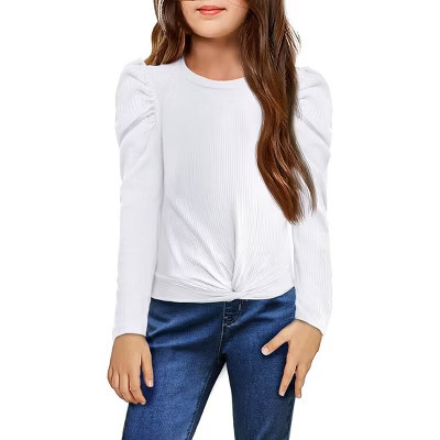 Arshiner Girls Puff Long Sleeve Shirts Twist Front Ribbed Knit T Shirt Crop Tops Tee Blouse White 9-10 Y | Target