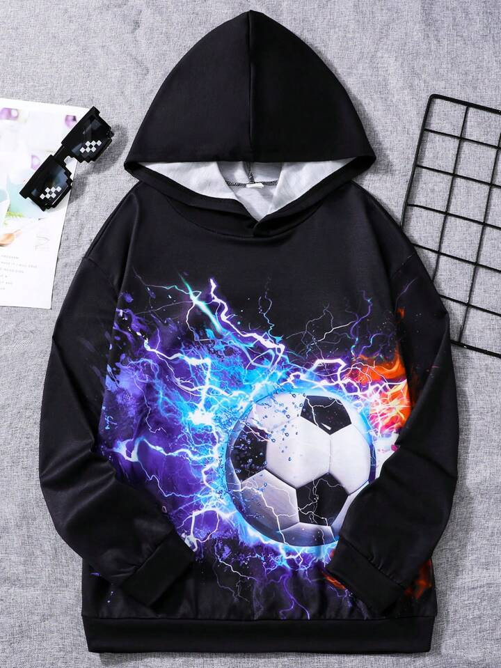Tween Boy Soccer Print Hooded Sweatshirt | SHEIN
