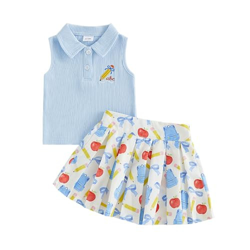 mlpeerw Toddler Girl Back to School Outfits Pencil Sleeveless Polo T-shirt Tops And Pleated Skirt 2Pcs Baby Summer Clothes (Embroidery Pencil Sky Blue, 3-4T) | Amazon (US)