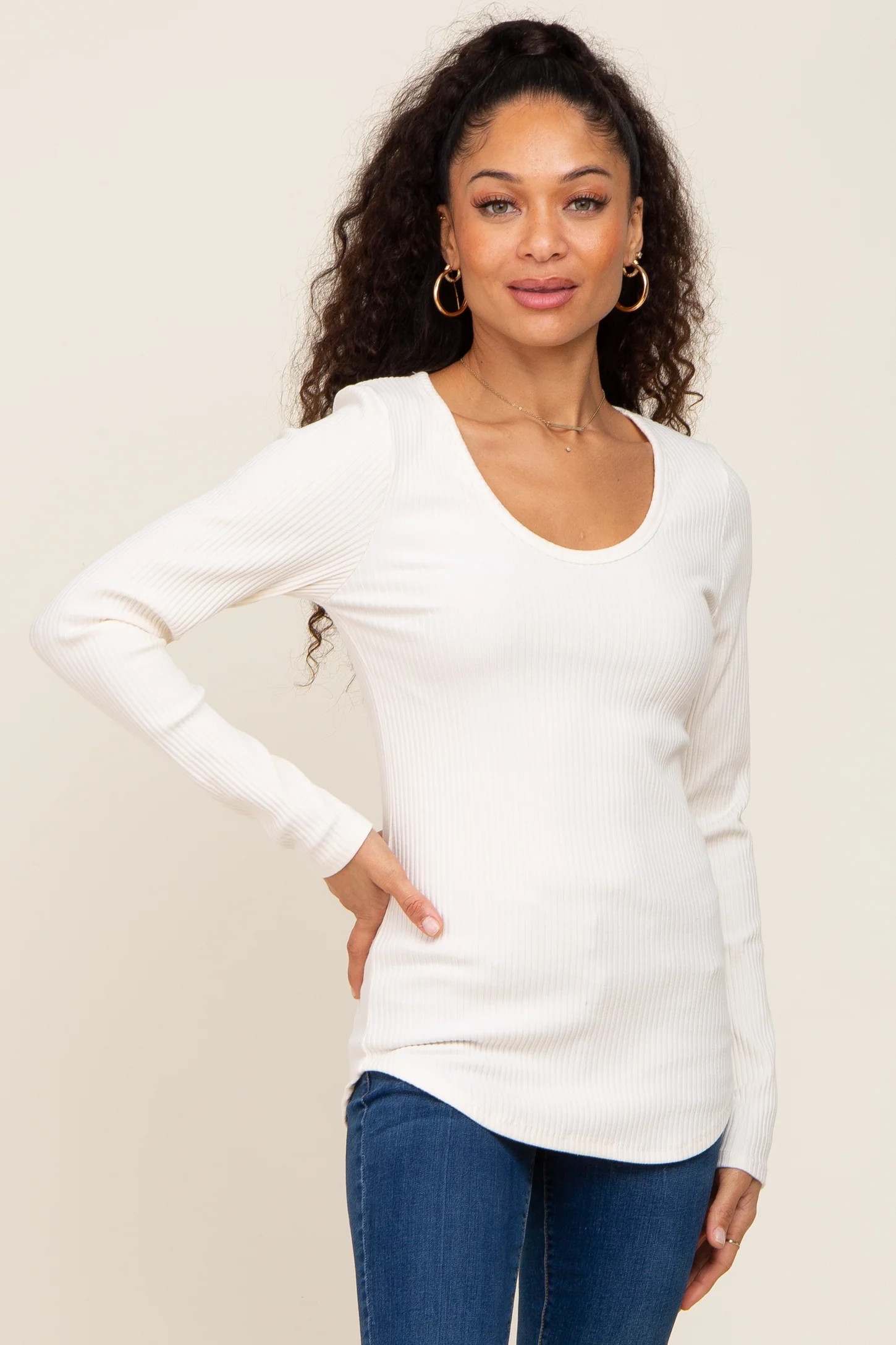 Ivory Ribbed Scoop Neck Long Sleeve Top | PinkBlush Maternity