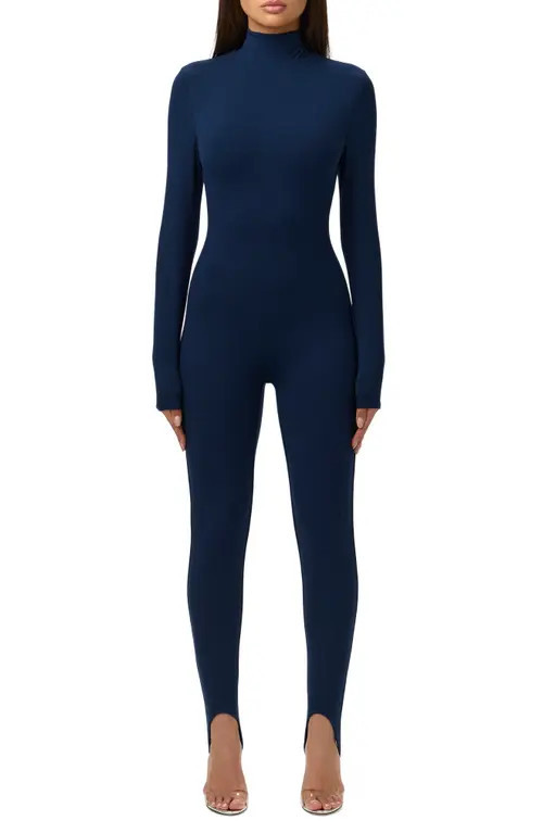 Naked Wardrobe Butter Long Sleeve Stirrup Jumpsuit in Navy Blue at Nordstrom, Size Small | Nordstrom