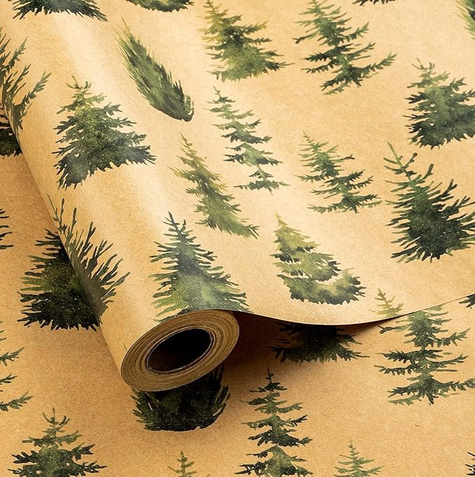 Retrify Kraft Wrapping Paper Roll with Cut Lines on Reverse, Watercolor Green Christmas Trees Gif... | Amazon (US)