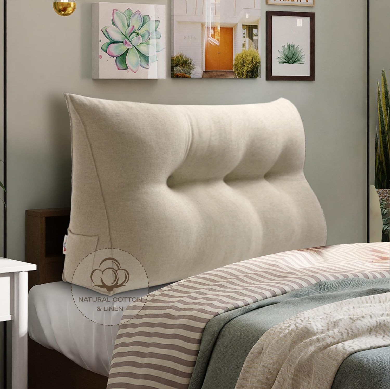 WOWMAX Wedge Pillow Headboard Dorm Headboard Twin XL Bed Bolster Pillow for Bed with Removable Cover, 80% Cotton & 20% Linen Blend, Natural Color | Amazon (US)