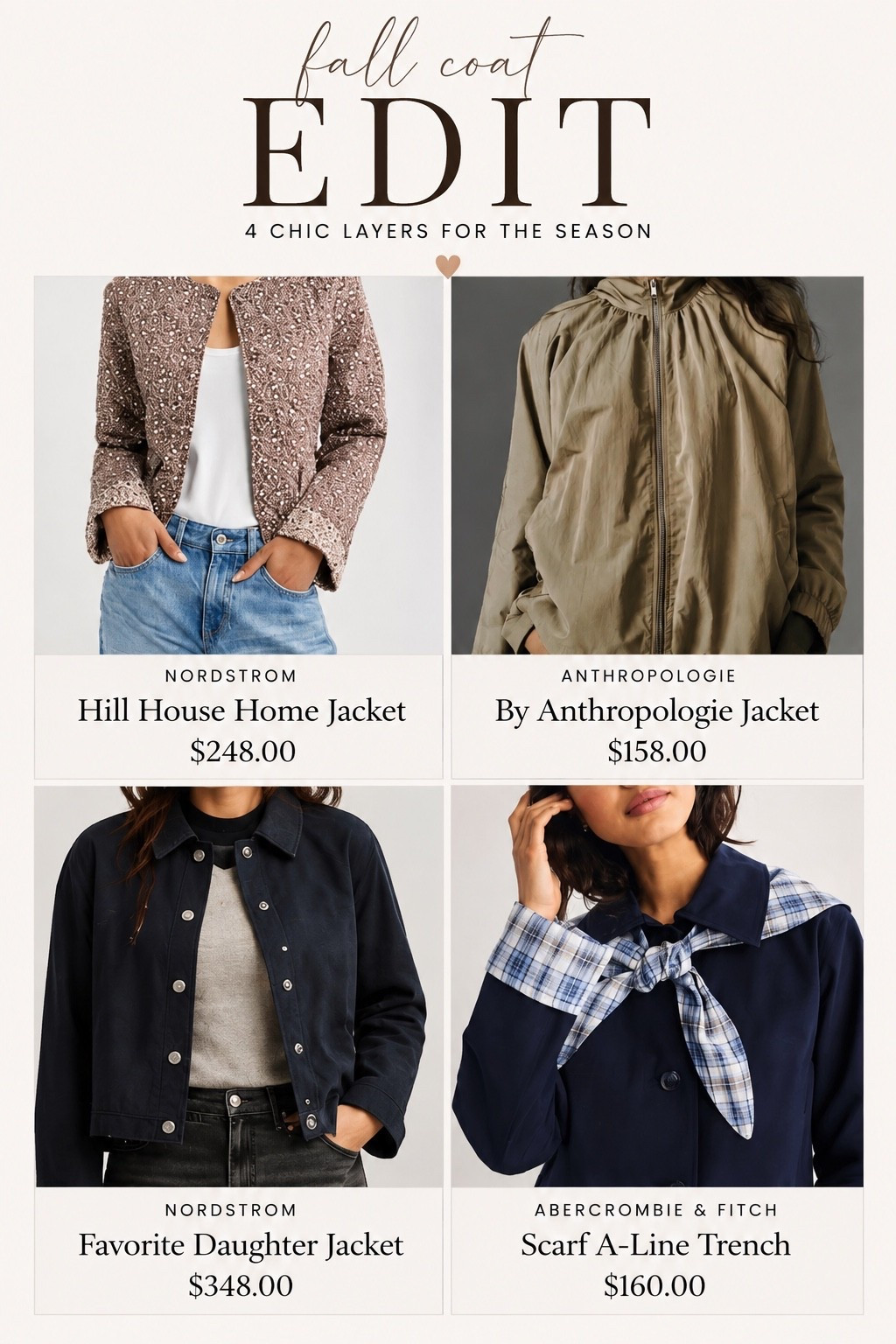 The fall coats worth investing in are HERE. 🤎 From elevated tweed to timeless trenches and effortless utility jackets, these are the chic layering pieces you’ll wear on repeat all season long.

I’m sharing four of my favorite designer-inspired fall jackets that instantly elevate jeans, trousers, leggings, and dresses. Whether you’re looking for the perfect transitional jacket, a classic trench coat, or a polished statement layer, these picks are versatile, timeless, and worth adding to your fall wardrobe.

✨ Featured:
• Hill House Home embellished jacket
• By Anthropologie hooded utility jacket
• Favorite Daughter cropped jacket
• Abercrombie Scarf A-Line Trench

Save this post for your fall wardrobe refresh and follow for more curated fashion finds, fall outfit inspiration, and the best new arrivals.

#fallcoats #falljackets #fallfashion #fallstyle #falloutfit #autumnstyle #autumnfashion #trenchcoat #utilityjacket #tweedjacket #hillhousehome #anthropologie #favoritedaughter #abercrombie #nordstromstyle #capsulewardrobe #classicstyle #everydaystyle #neutralstyle #elevatedbasics #transitionalstyle #fashionfinds #ltkstyle #ltkfashion #ltkcreator #shopmy #cozyseason #wearmorewearless #fashionover30 #fall2026

#LTKSeasonal #LTKmomlife #LTKOver40