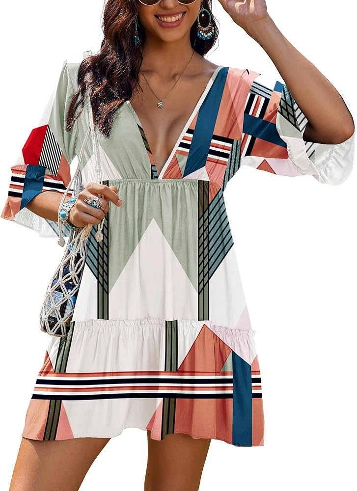 AI'MAGE Women's Swimsuit Cover Ups Dress V Neck Casual Tunic Bathing Suit Beach Mini Dress S-3XL | Amazon (US)