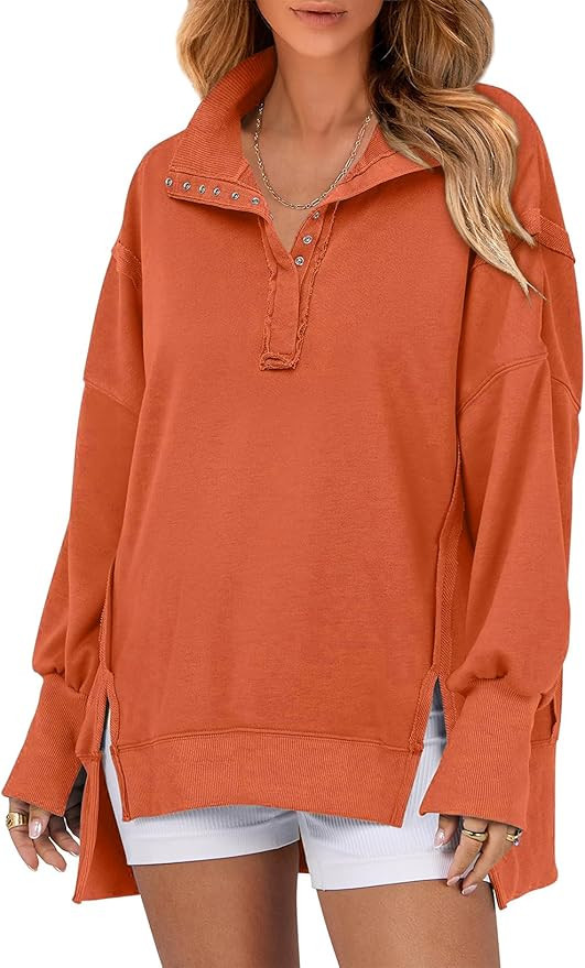 SHEWIN Womens Reverse Seam Snap-Button Henley Sweatshirt Casual Loose High Low Split Pullover Top... | Amazon (US)