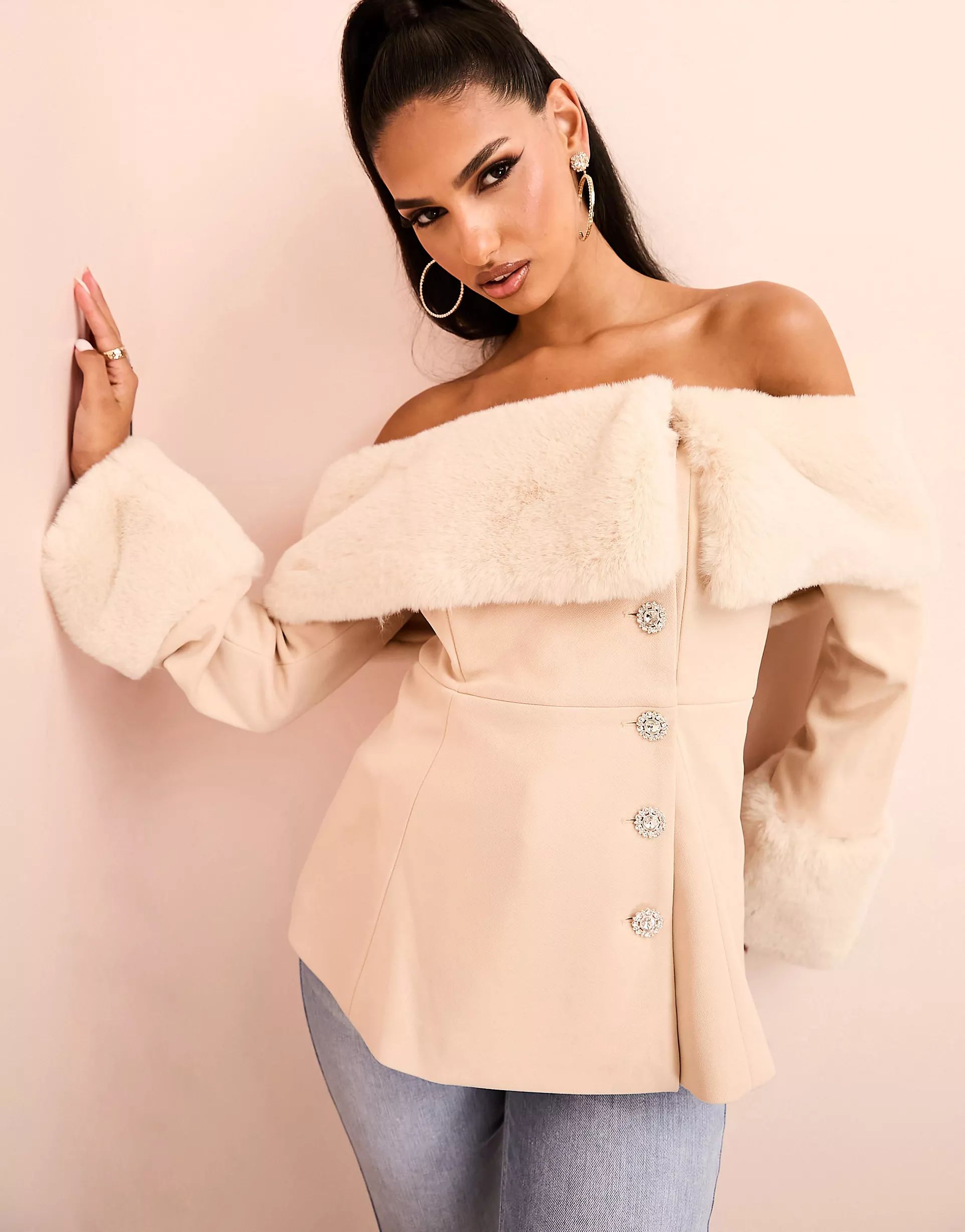 ASOS LUXE off shoulder faux fur blazer with pearl buttons in camel | ASOS (Global)
