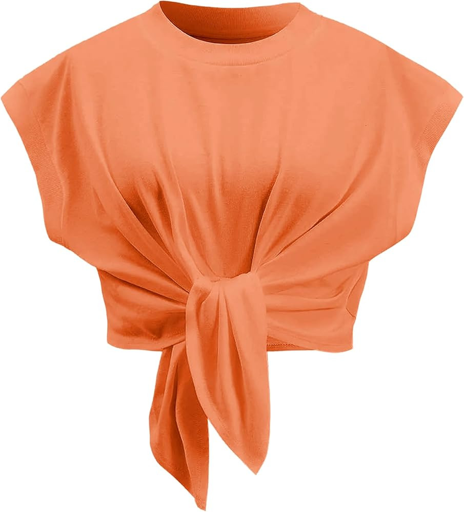 Tank Top for Women Crew Neck Cap Sleeve Tie Front Pullover Ruched T-Shirt Tops Summer Beach Crop ... | Amazon (US)