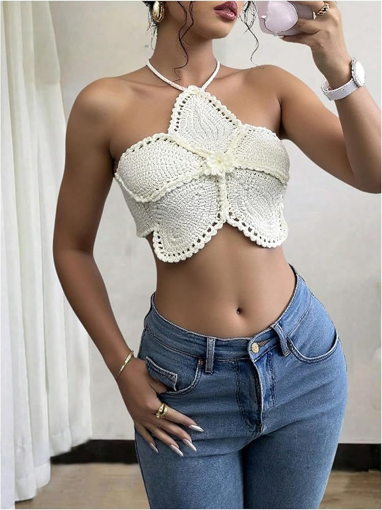 Milumia Women's Floral Crochet Beach Halter Top Y2k Tie Back Hollow Out Crop Tops | Amazon (US)
