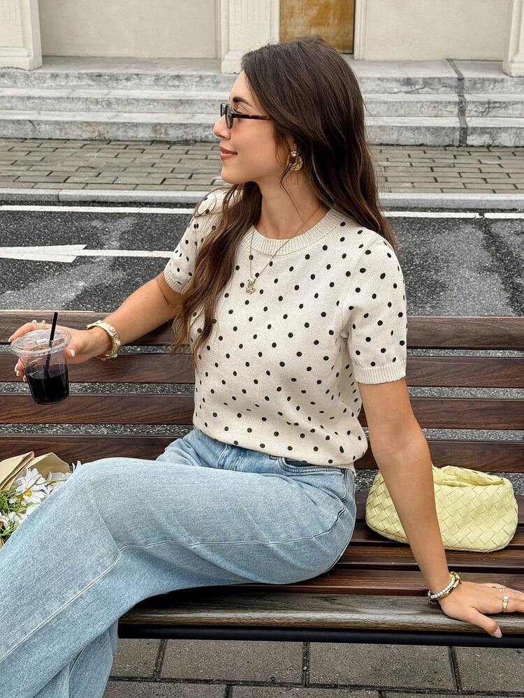Serisse Women's Elegant French Black White Polka Dot Print Top Short Sleeve Knit Sweater Casual Business Office Brunch Work All Seasons | SHEIN