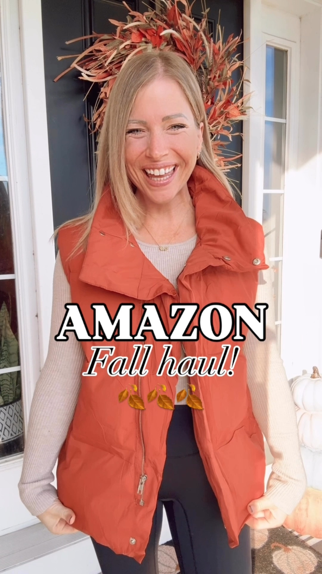 Amazon Fall haul 🍂 wearing my true size small in everything! 

Puffer vest
Pullover 
Leggings friendly 
Casual 
