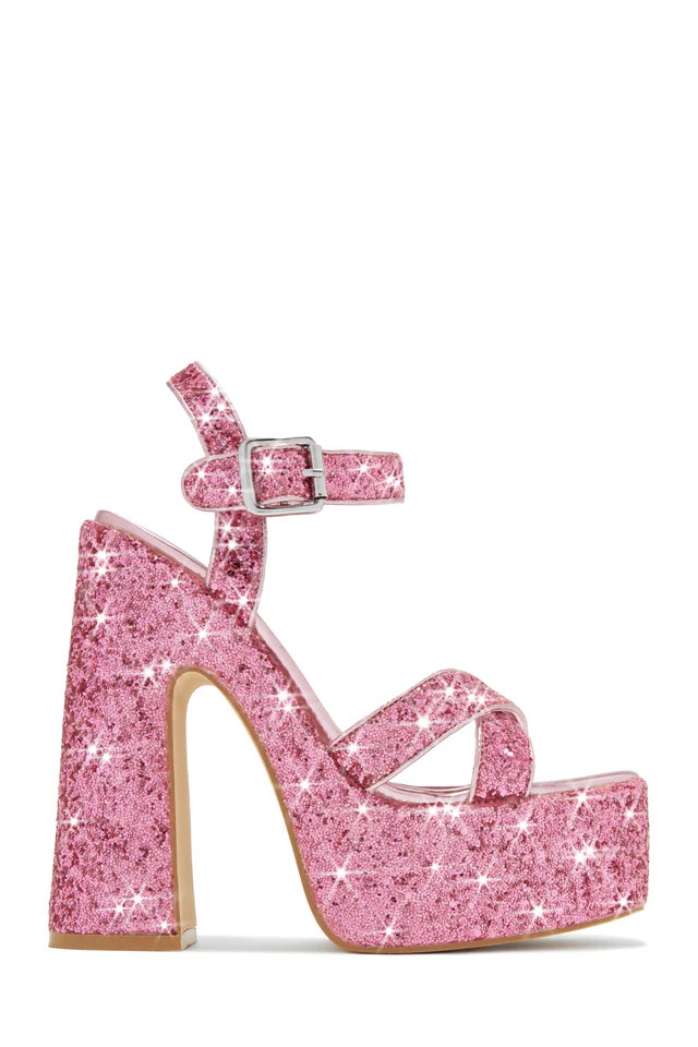 Miss Lola | Karelle Pink Glitter Platform Block Heels | MISS LOLA