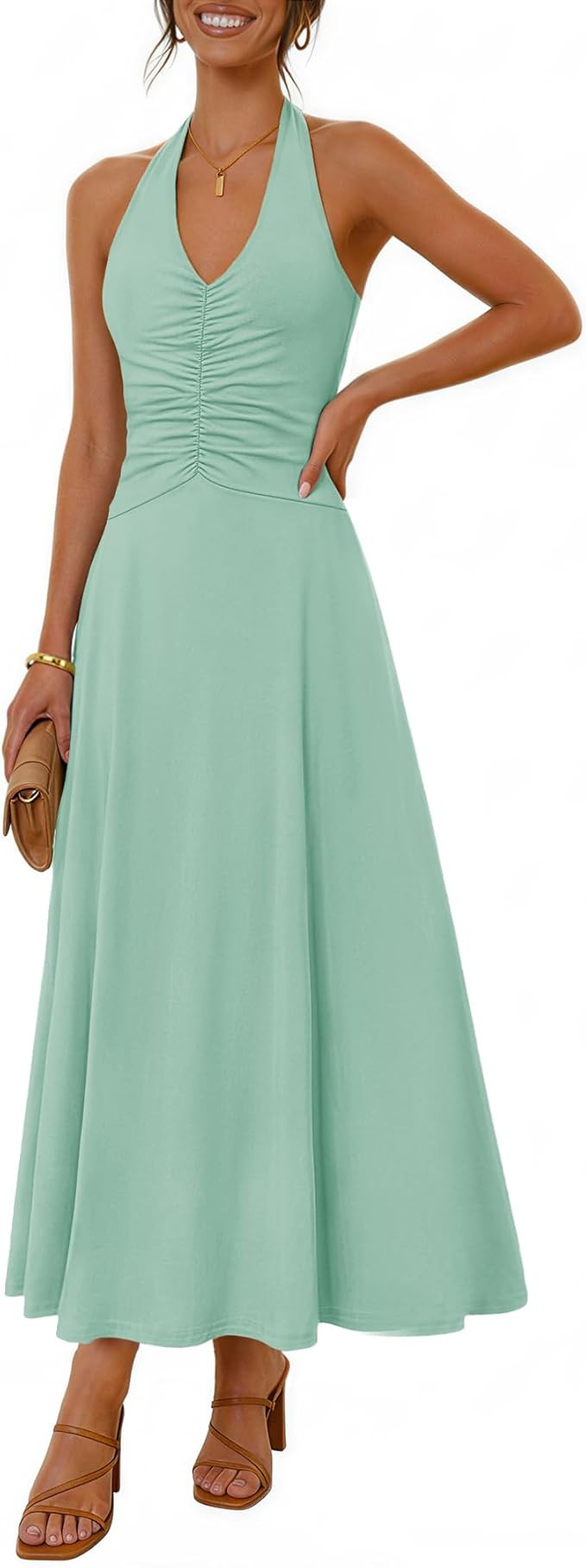 MEROKEETY Women's Formal Halter Maxi Dress 2026 Summer Backless Sleeveless V Neck Ruched Cocktail... | Amazon (US)